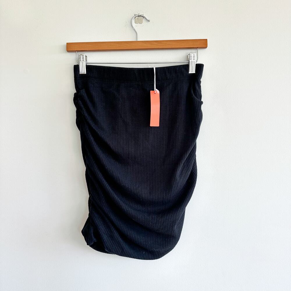 Sundry Ruched La Lune Fitted Ribbed Mini Skirt Black L NWT